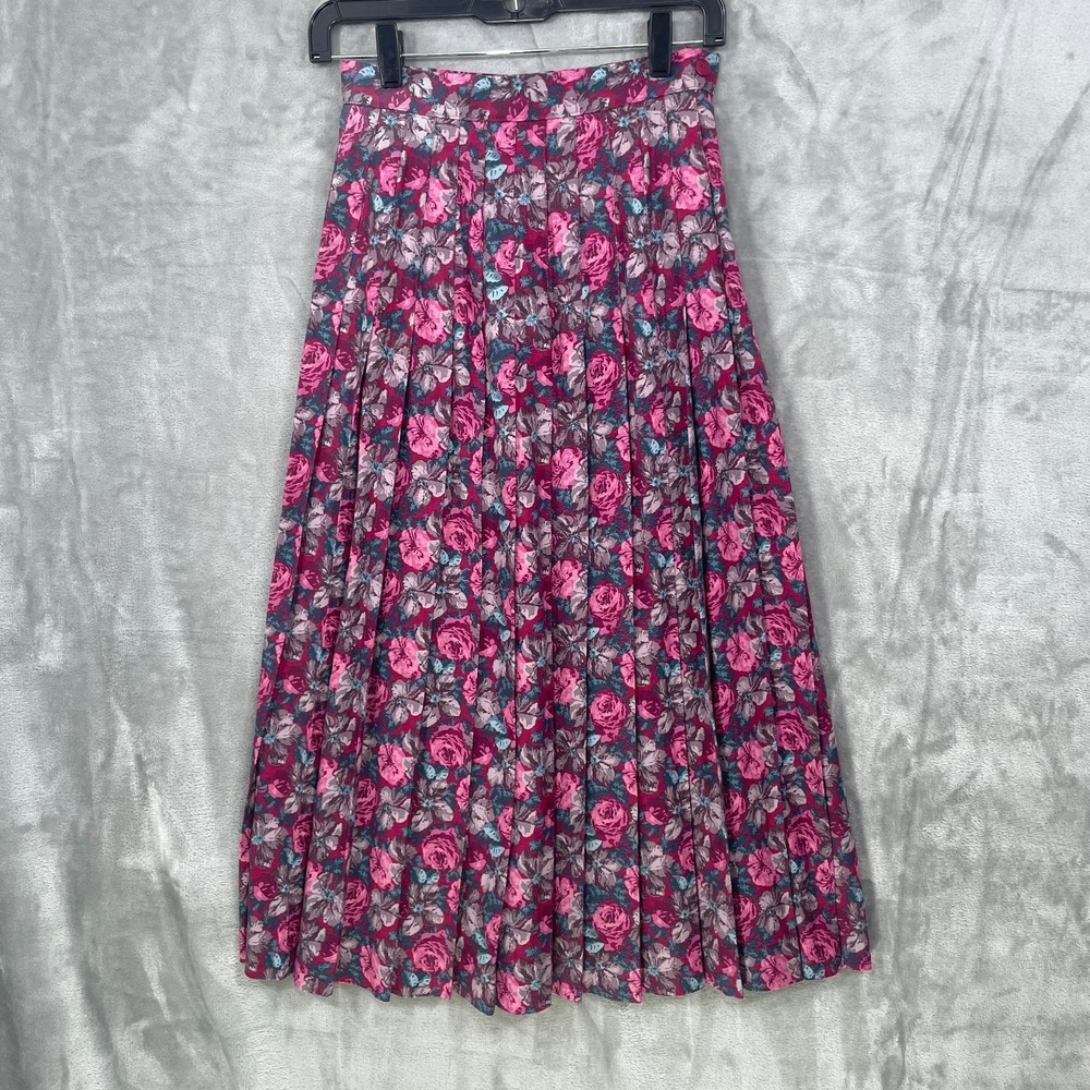 Vtg LAURA ASHLEY Sz 8 Cotton Wool Blend Floral Pleated Midi‎ Skirt Made in GB